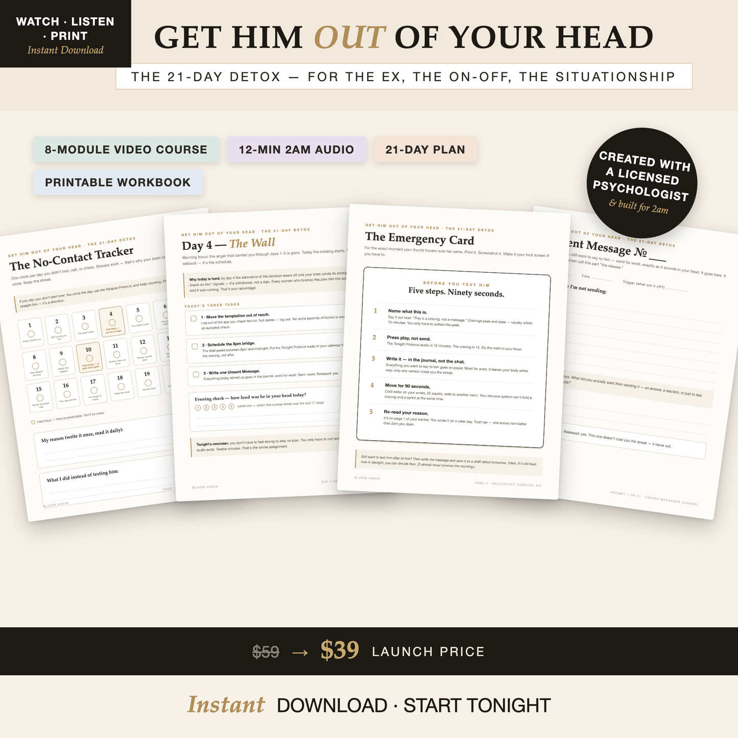 Get Him Out of Your Head – The 21-Day Detox: video course, 2am audio, 21-day plan, printable workbook