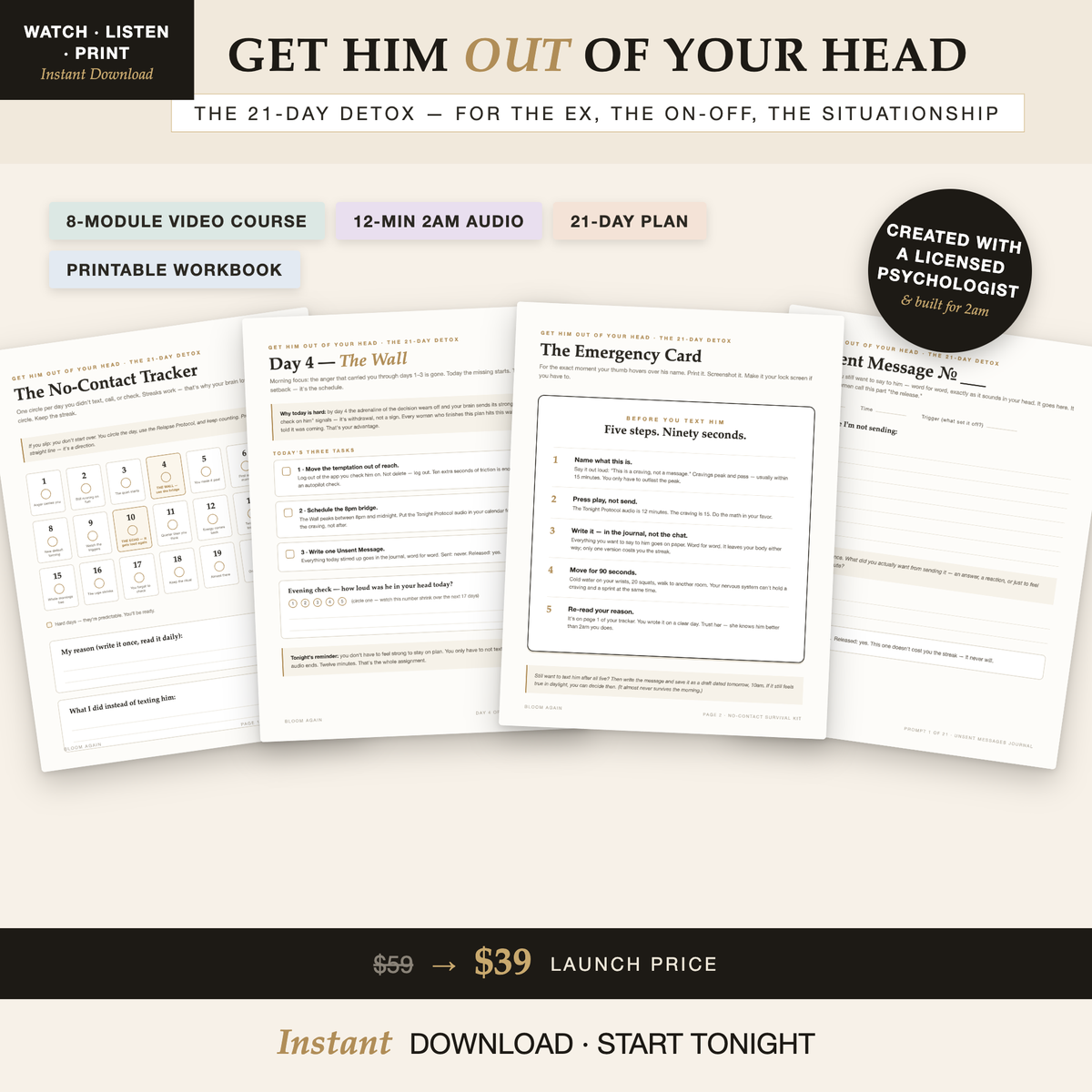 Get Him Out of Your Head – The 21-Day Detox: video course, 2am audio, 21-day plan, printable workbook