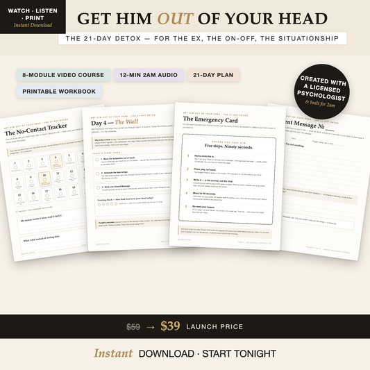 Get Him Out of Your Head – The 21-Day Detox: video course, 2am audio, 21-day plan, printable workbook
