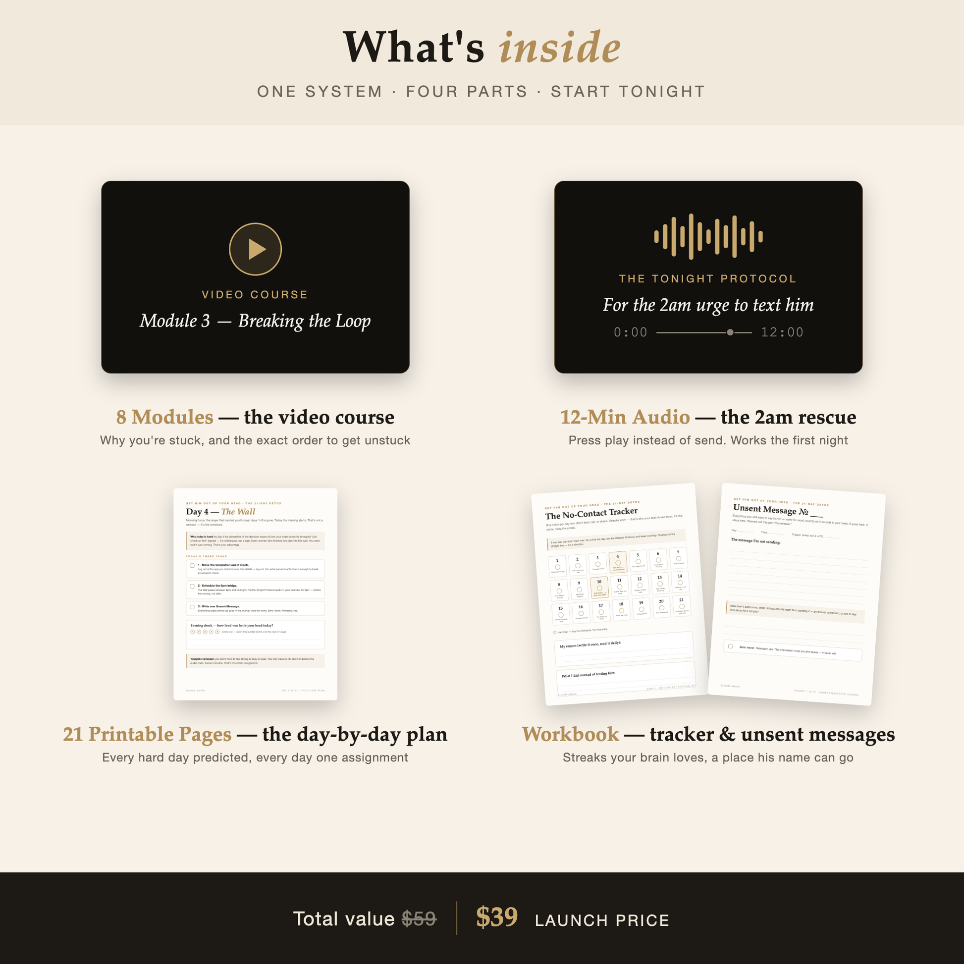 What's inside: 8-module video course, 12-minute audio, 21 printable pages, workbook